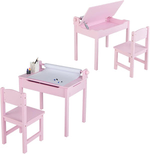 Set Tavolo e Sedia d’Arte per Bambini 3+ Anni, Scrivania in Legno di Pino da Disegno con Portarotolo, Piano Ribaltabile & Vano Portaoggetti, Rotolo di Carta (10m) e 2 Pennarelli (Rosa)