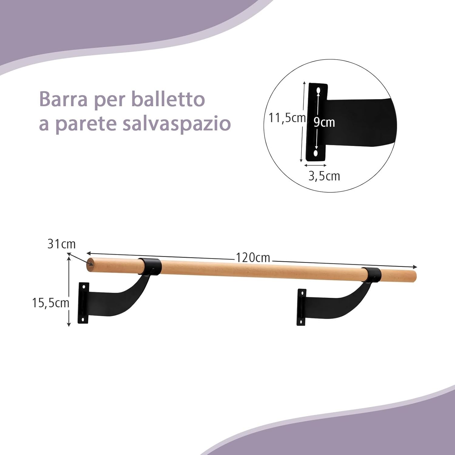 Sbarra Danza Classica da Parete, Barra per Balletto Singola, Idelae per Yoga, Stretching, Allenamento e Pose di Balletto, 120 x 15,5 x 31 cm