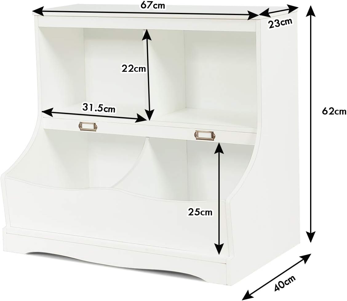 Scaffale Libreria Organizer Porta Giocattoli, con 2 Scomparti e 2 Contenitori, Libreria Multiuso con Pedana, per Camera dei Bambini, Bianco