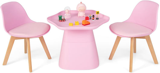Set Tavolo e 2 Sedie per Bambini, Tavolo da Gioco per Bambini con Bordi Rialzati, Sedie con Schienale e Gambe in Legno di Faggio, Adatto a bambini dai 3-8 Anni, Rosa