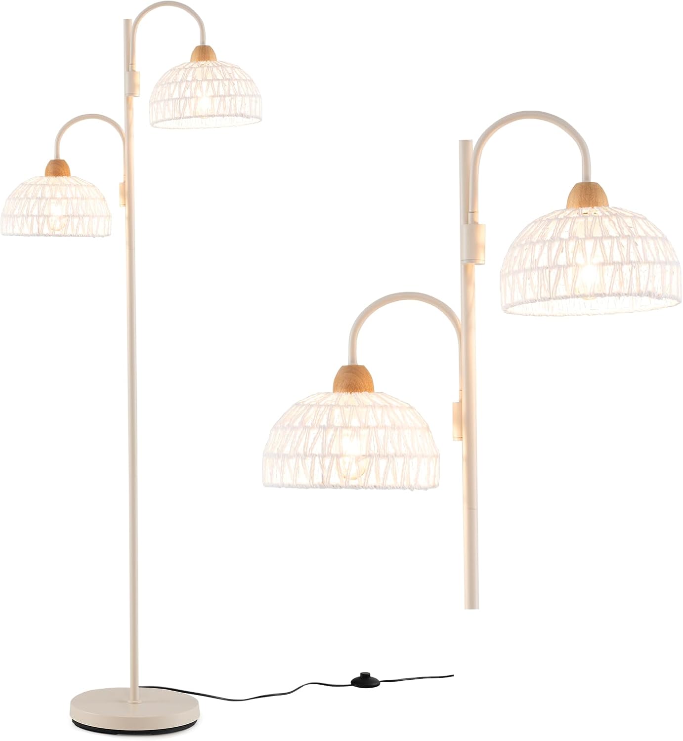 Lampada da Terra, Lampada Piantana da Terra Rotante a 350° con Interruttore a Pedale, Paralumi Intrecciati e 2 Supporti per Bulbi E27, Base Pesante e Stelo Metallico