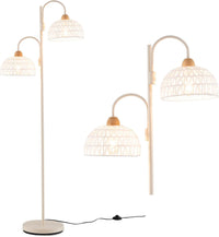 Lampada da Terra, Lampada Piantana da Terra Rotante a 350° con Interruttore a Pedale, Paralumi Intrecciati e 2 Supporti per Bulbi E27, Base Pesante e Stelo Metallico