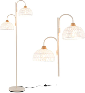 Lampada da Terra, Lampada Piantana da Terra Rotante a 350° con Interruttore a Pedale, Paralumi Intrecciati e 2 Supporti per Bulbi E27, Base Pesante e Stelo Metallico