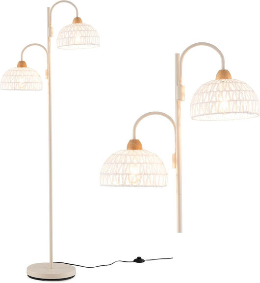 Lampada da Terra, Lampada Piantana da Terra Rotante a 350° con Interruttore a Pedale, Paralumi Intrecciati e 2 Supporti per Bulbi E27, Base Pesante e Stelo Metallico