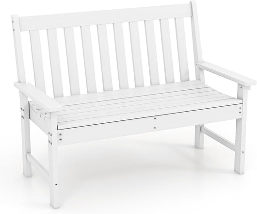 Panchina da Esterno, Panca da Giardino in HDPE Resistente con Schienale e Braccioli, Panchina da Parco, Balcone, Spogliatoio e Cortile, 132 x 65 x 91 cm (Bianco)