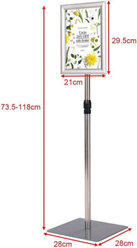 A4 Poster Stand, Espositore da Pavimento, Supporto Poster/Menù per Pubblicità da Terra, Girevole a 360 Gradi, Regolabile in Altezza (Argento A4)