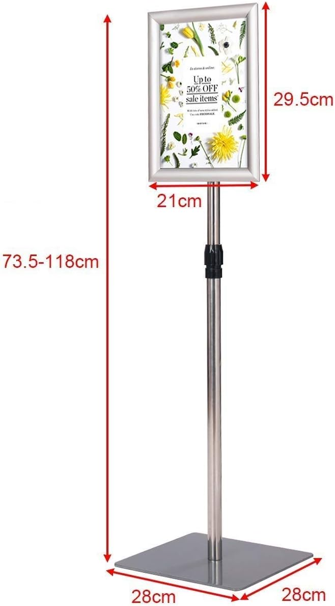 A4 Poster Stand, Espositore da Pavimento, Supporto Poster/Menù per Pubblicità da Terra, Girevole a 360 Gradi, Regolabile in Altezza (Argento A4)