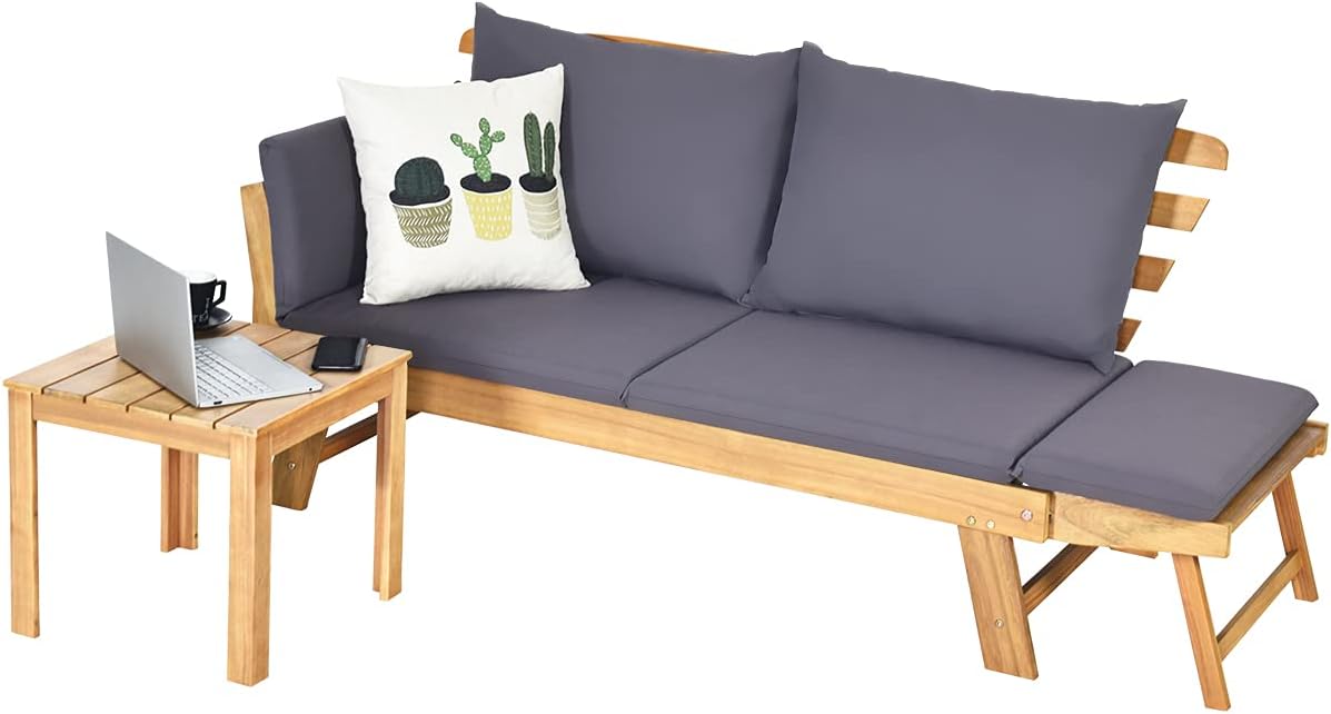 Divano Letto 2 Posti da Esterno in Legno di Acacia con Braccioli Regolabili, Sdraio da Giardino con Cuscini, Chaise longue Pieghevole per Giardino, Piscina, Cortile