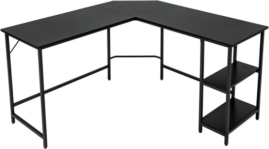 Scrivania Angolare, a Forma di L, Postazione da Lavoro, 3 Ripiani, Industriale, per Casa/Ufficio/Studio, Portata di 140 kg, 138x138x75 cm, Naturale/Marrone/Nero