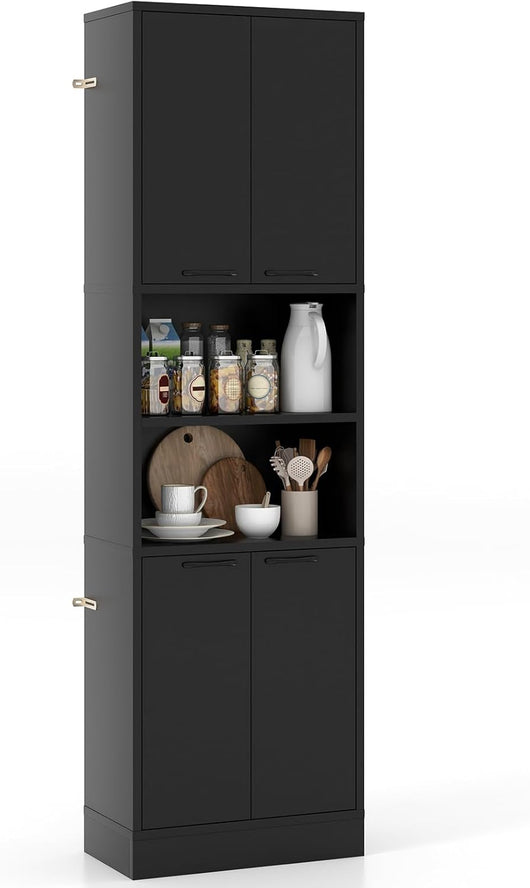 Credenza da Cucina, Mobile Buffet Alto con 2 Armadi a Doppia Porta e 2 Mensole Aperte, per Soggiorno, Cucina e Sala da Pranzo, 56 x 30 x 190 cm (Nero)