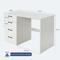 Scrivania per Computer con 4 Cassetti, Scrivania Porta PC in Legno con Ampio Piano, Scrivania Moderna e Semplice per Casa, Ufficio e Studio, Portata 95 kg, 110 x 60 x 76 cm, Bianco