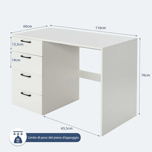 Scrivania per Computer con 4 Cassetti, Scrivania Porta PC in Legno con Ampio Piano, Scrivania Moderna e Semplice per Casa, Ufficio e Studio, Portata 95 kg, 110 x 60 x 76 cm, Bianco
