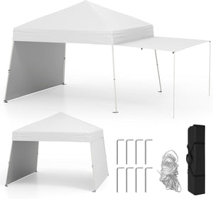 Gazebo Pieghevole 430 x 280 cm, Gazebo da Esterno con Pareti Laterali Convertibili in Tenda da Sole, 8 Picchetti, 4 Corde Antivento, Tendone Impermeabile per Feste (Bianco)