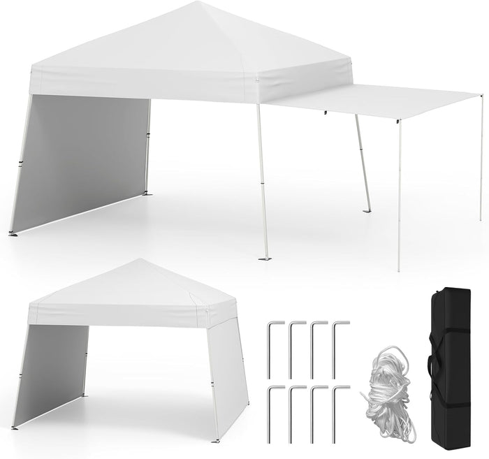 Gazebo Pieghevole 430 x 280 cm, Gazebo da Esterno con Pareti Laterali Convertibili in Tenda da Sole, 8 Picchetti, 4 Corde Antivento, Tendone Impermeabile per Feste (Bianco)