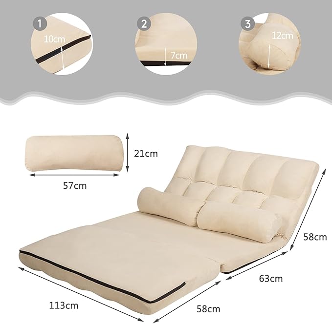 Divano Letto da Terra con 2 Cuscini, Divano Letto Pieghevole con Schienale Regolabile a 6 Livelli, Ideale per Camera da Letto e Soggiorno (Beige)