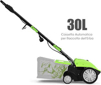 Scarificatore 2 In-1 per Prato, Arieggiatore Elettrico con Sacco Raccoglitore da 30L, Larghezza 32cm, con 3 Posizioni Regolabili, Scarificatore 1500W per Giardino Cortile (32 cm, Verde)