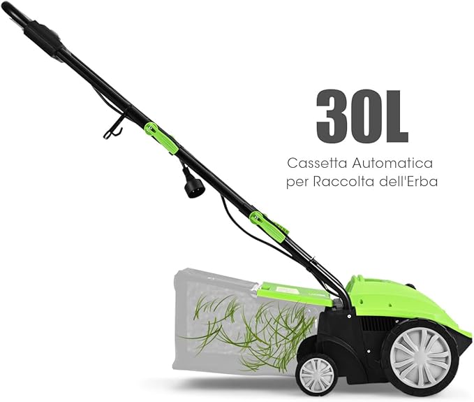 Scarificatore 2 In-1 per Prato, Arieggiatore Elettrico con Sacco Raccoglitore da 30L, Larghezza 32cm, con 3 Posizioni Regolabili, Scarificatore 1500W per Giardino Cortile (32 cm, Verde)