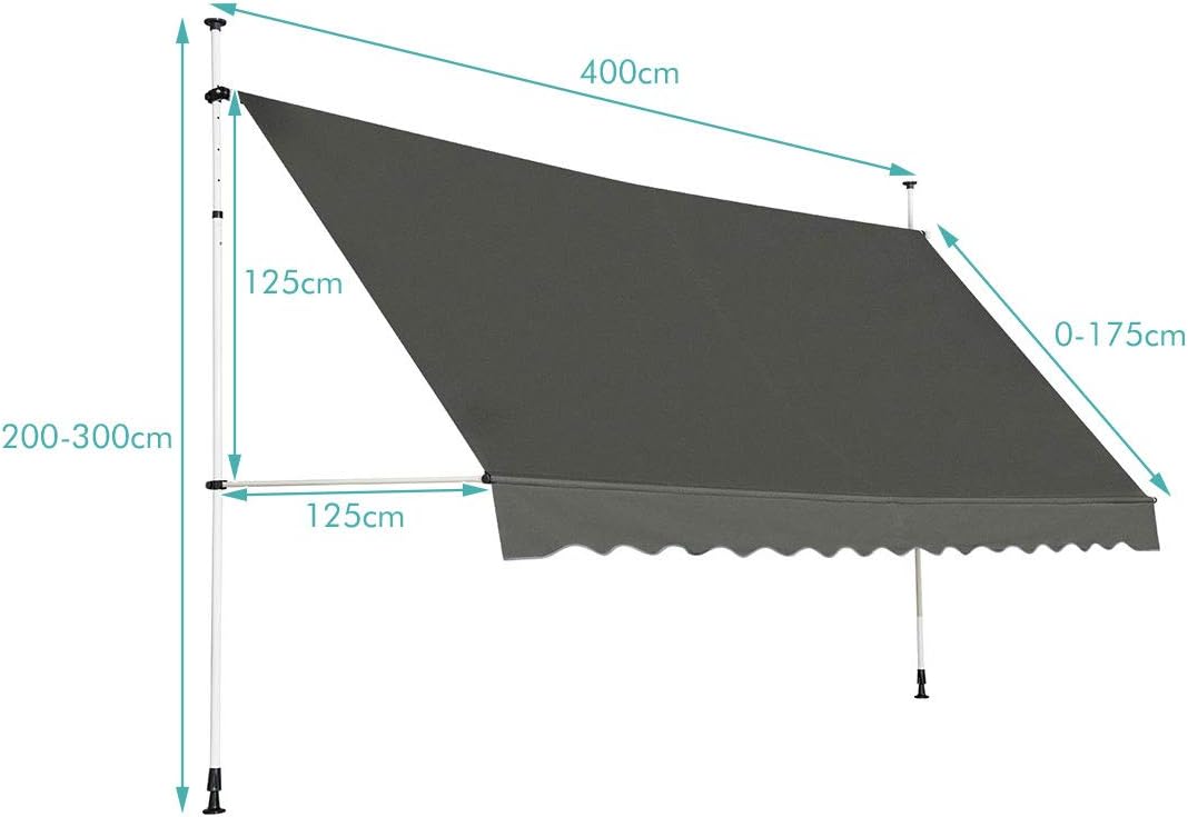 Tenda da Sole per Esterno, Tenda da Sole a Bracci Estensibili con Struttura Telescopica e Tessuto Resistene ai Raggi Solari, Regolabile in Altezza e in Angolazione (400 x 120 cm Grigio)