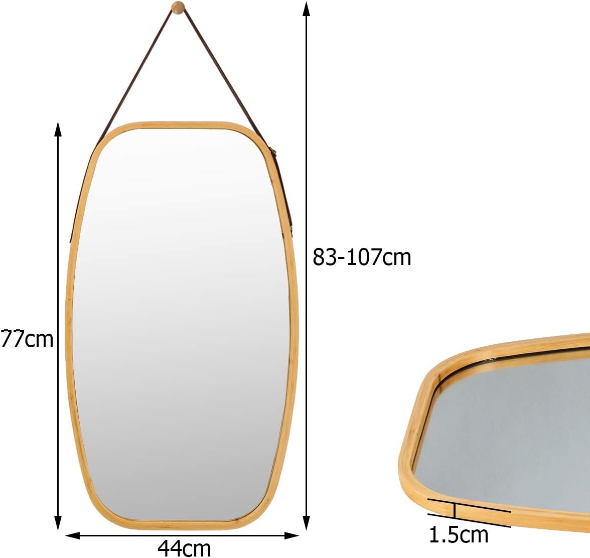 Specchio Ovale da Parete, Specchio Sospeso per Appendere, Cornice in bambù, Moderno, per Bagno Camera da Letto Soggiorno (77 x 44 x 1,5 cm)