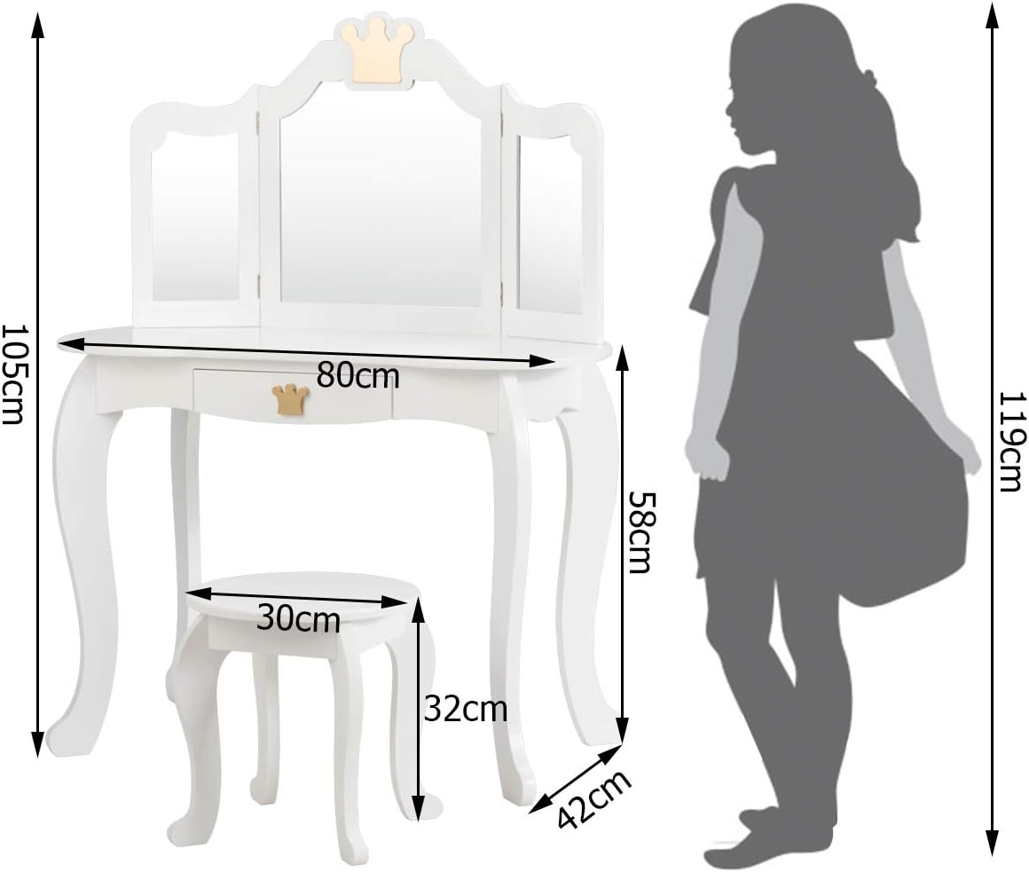 Set Toeletta Trucco e Sedia per Bambine - Smontabile Specchio e Cassetto, Toletta Trucco 2 in 1, 80 x 42 x 105 cm, Bianco