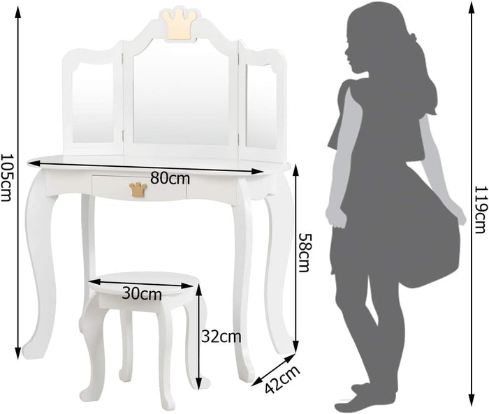 Set Toeletta Trucco e Sedia per Bambine - Smontabile Specchio e Cassetto, Toletta Trucco 2 in 1, 80 x 42 x 105 cm, Bianco