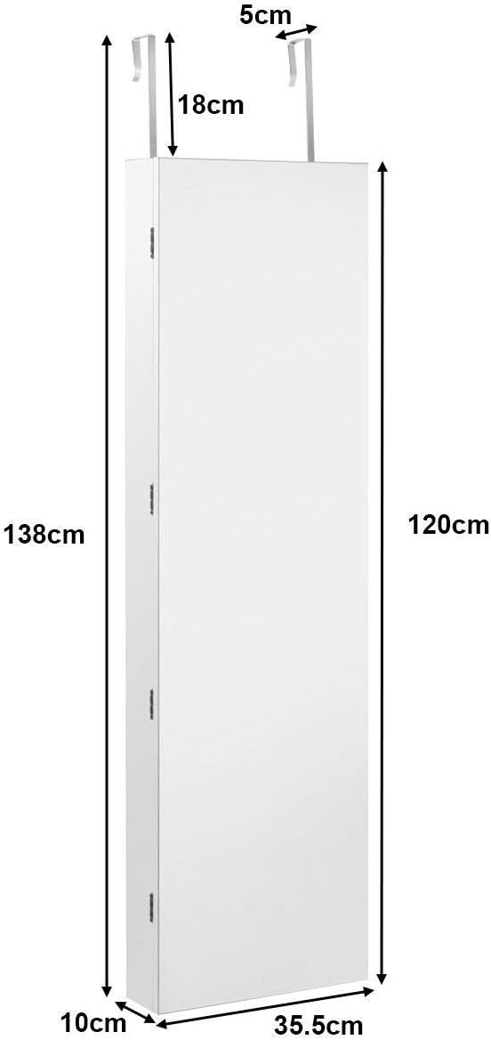 Armadietto per Gioielli con Specchio Portagioie, Specchiera da Parete con Luci LED, Bloccabile a Chiave, 33,5 x 10 x 120 cm (Bianco)