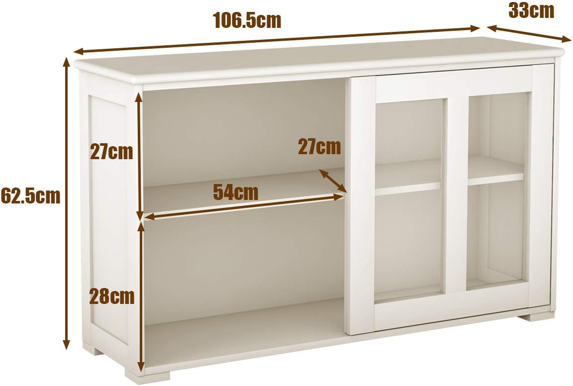 Armadietto da Cucina Mobile Laterale Multiuso con Ante Scorrevoli, in MDF e Vetro, 106,5 x 33 x 62,5 cm (Bianco Crema)