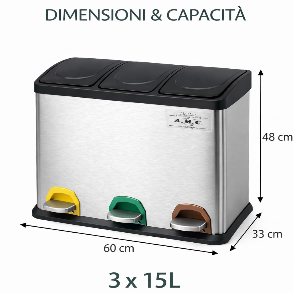 Pattumiera Differenziata 45L (3x15L) con Pedale, Cestino Raccolta Triplo da Cucina in Acciaio Metallico, 3 Scomparti con Coperchio, Colore Argento e Nero.