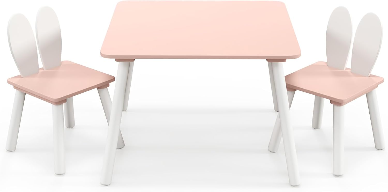 Tavolo Bambini con Sedie, Set Tavolo e Sedie in Legno per Bambini 3-6 anni con Schienale a Forma di Coniglio, Tavolino con Sedie per Giocare, Disegnare e Leggere, Capacità di 40 kg (Rosa)