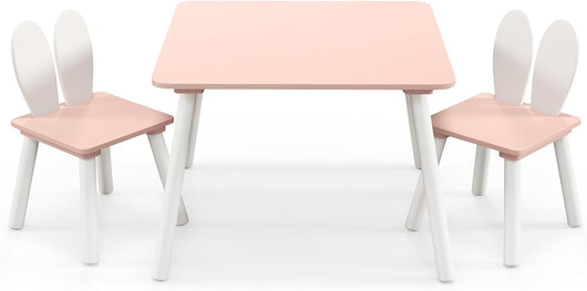 Tavolo Bambini con Sedie, Set Tavolo e Sedie in Legno per Bambini 3-6 anni con Schienale a Forma di Coniglio, Tavolino con Sedie per Giocare, Disegnare e Leggere, Capacità di 40 kg (Rosa)