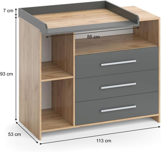 Fasciatoio Oskar, Antracite/Sonoma, 113 x 100 cm, convertibile in cassettiera grazie al fasciatoio rimovibile