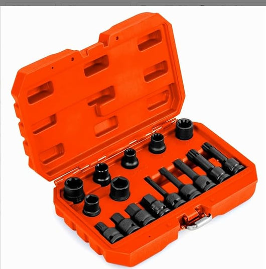 Set di Estrattori per Viti da 27 Pezzi, Kit di Rimozione Bulloni con Doppia Testa e Innesto da 3/8”, Estrattori Multi-Spline per Viti e Steli Strappati, Arrugginiti o Danneggiati (Arancione)