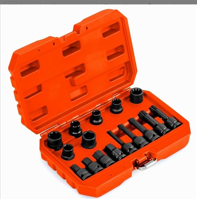 Set di Estrattori per Viti da 27 Pezzi, Kit di Rimozione Bulloni con Doppia Testa e Innesto da 3/8”, Estrattori Multi-Spline per Viti e Steli Strappati, Arrugginiti o Danneggiati (Arancione)