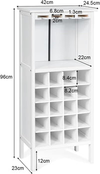 Cantinetta Portabottiglie in Legno, Scaffale per Vino con Portabicchiere/Calici, Portavino per 20 Bottiglie e 4 Calici, 42 x 24.5 x 96 cm (Bianco)