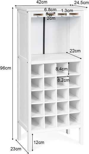 Cantinetta Portabottiglie in Legno, Scaffale per Vino con Portabicchiere/Calici, Portavino per 20 Bottiglie e 4 Calici, 42 x 24.5 x 96 cm (Bianco)