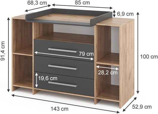 Fasciatoio Oskar, Antracite/Sonoma, 143 x 100 cm XL con cassetti, adatto come fasciatoio con area di appoggio estensibile
