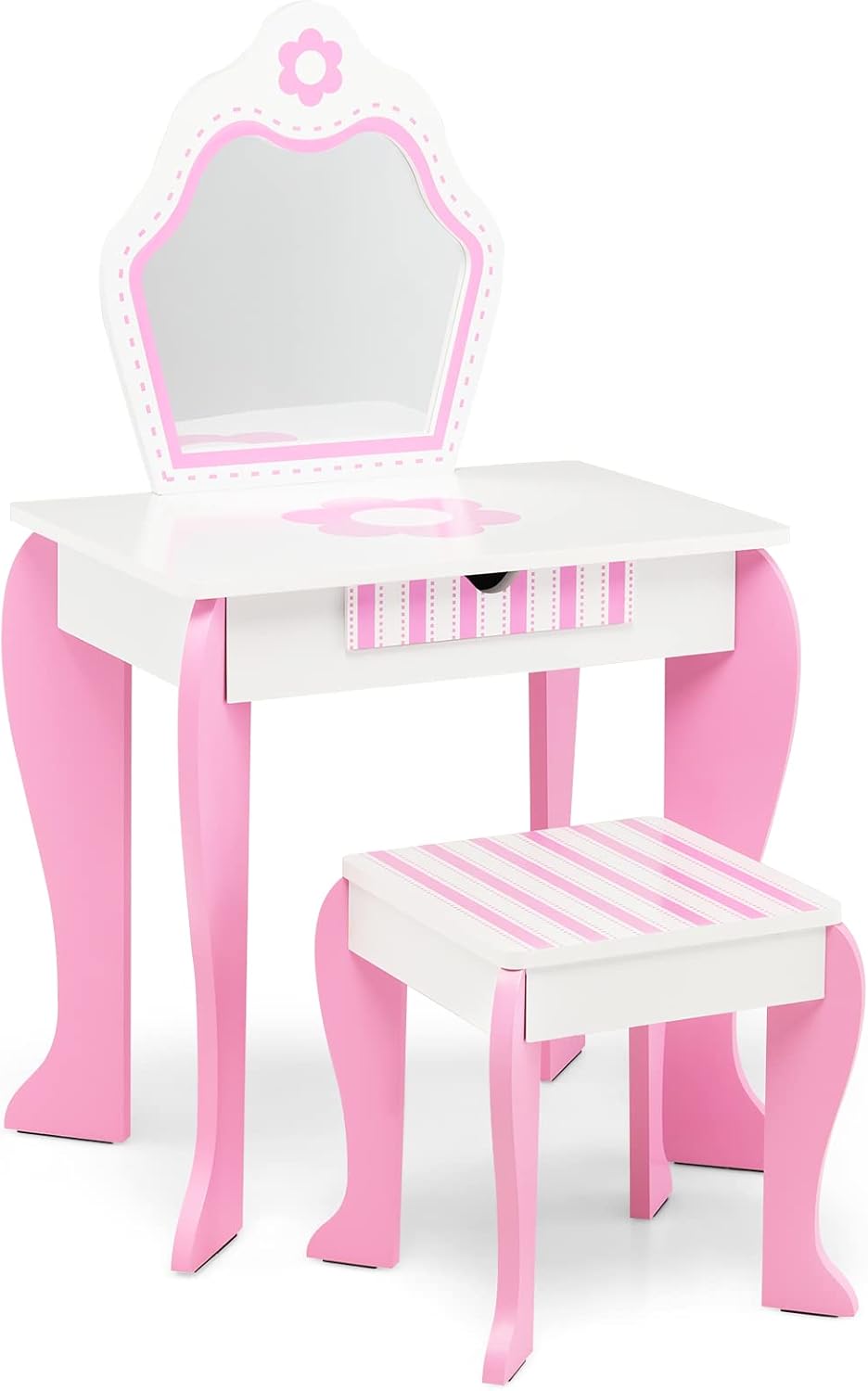 Toeletta Trucco per Bambina, Specchiera per Ragazzi in Legno, Postazione Trucco Robusto 2 in 1 con Cassetto, Sgabello e Specchio Staccabile, 49 x 34 x 86 cm, Bianco e Rosa