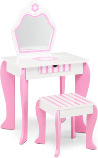 Toeletta Trucco per Bambina, Specchiera per Ragazzi in Legno, Postazione Trucco Robusto 2 in 1 con Cassetto, Sgabello e Specchio Staccabile, 49 x 34 x 86 cm, Bianco e Rosa