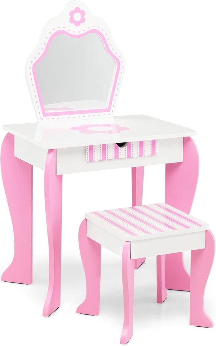 Toeletta Trucco per Bambina, Specchiera per Ragazzi in Legno, Postazione Trucco Robusto 2 in 1 con Cassetto, Sgabello e Specchio Staccabile, 49 x 34 x 86 cm, Bianco e Rosa