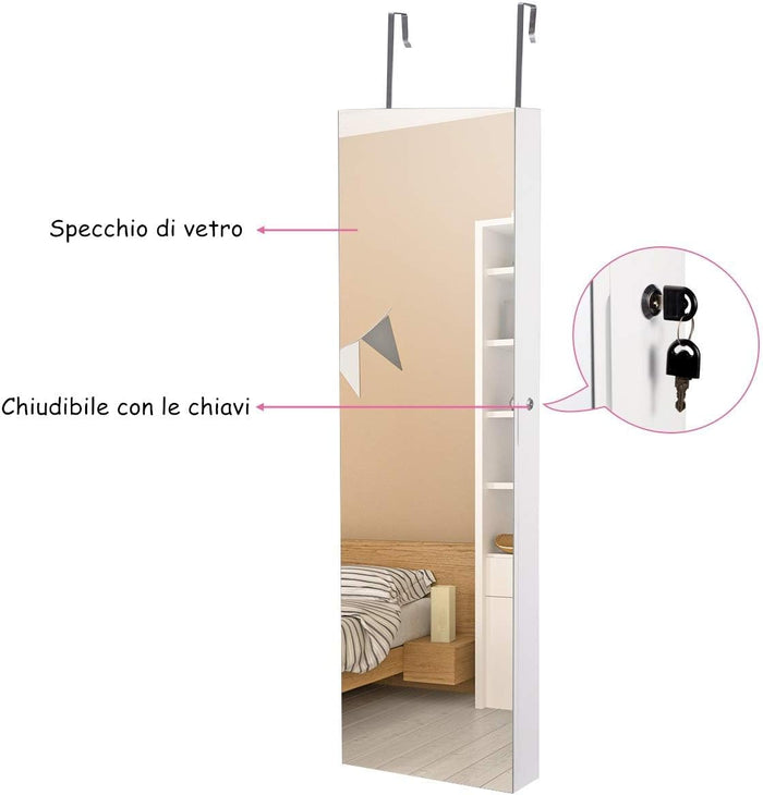 Armadietto per Gioielli con Specchio Portagioie, Specchiera da Parete con Luci LED, Bloccabile a Chiave, 33,5 x 10 x 120 cm (Bianco)