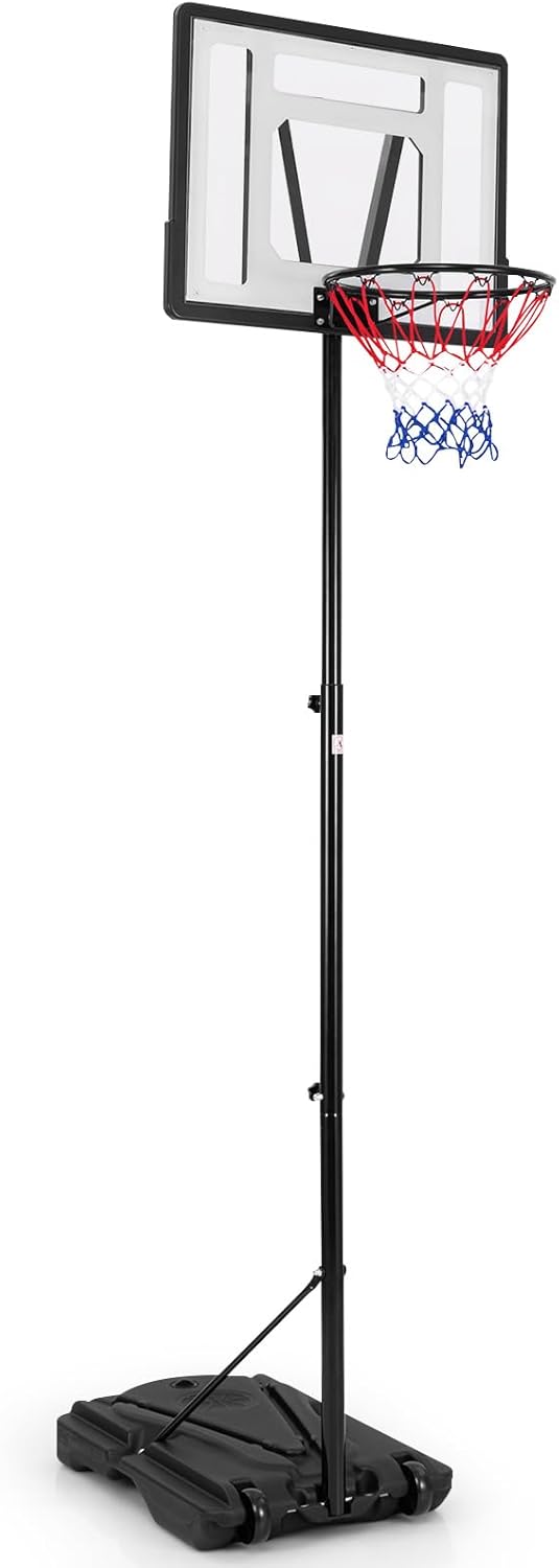 Canestro da Basket Portatile, Supporto Regolabile in Altezza a 8 Posizioni con Tubo Centrale Rimovibile, Base Ampia, Canestro da Basket da Interno e da Esterno