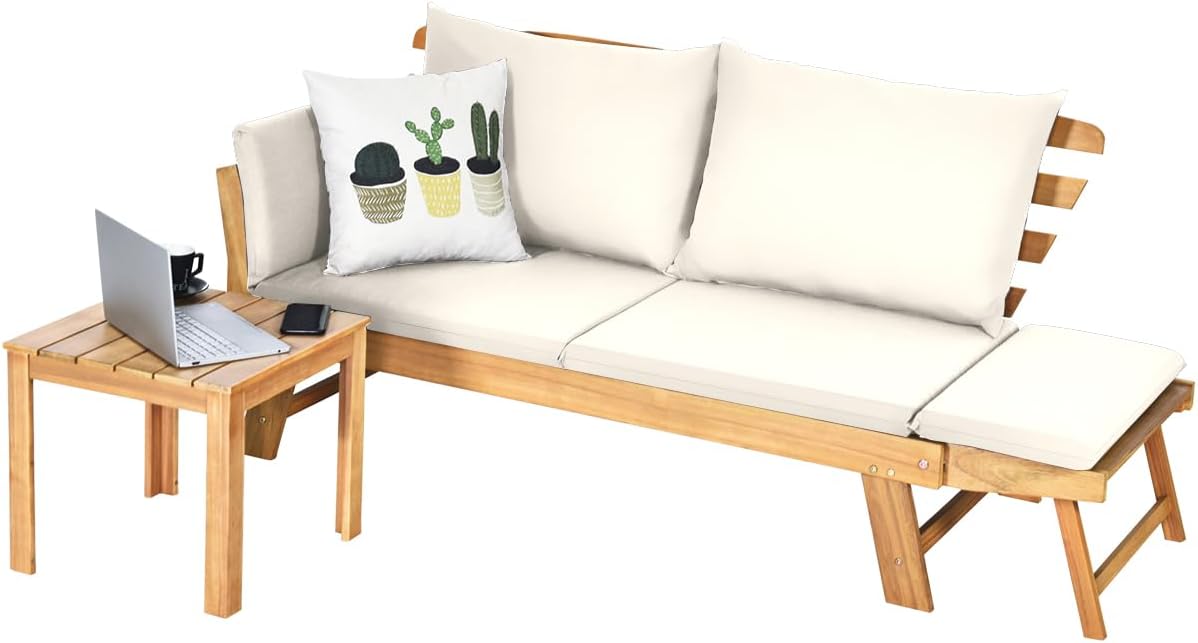 Divano Letto 2 Posti da Esterno in Legno di Acacia con Braccioli Regolabili, Sdraio da Giardino con Cuscini, Chaise longue Pieghevole per Giardino, Piscina, Cortile (Bianco)