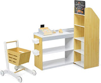 Negozio Giocattolo per Bambini, Bancarella Mercato Giocattolo in Legno, con Carrello della Spesa, Supermercato Giocattolo Scanner, Pos, Carta di Credito e Monete di Legno, 90 x 62 x 111 cm