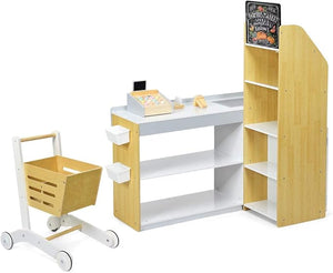Negozio Giocattolo per Bambini, Bancarella Mercato Giocattolo in Legno, con Carrello della Spesa, Supermercato Giocattolo Scanner, Pos, Carta di Credito e Monete di Legno, 90 x 62 x 111 cm