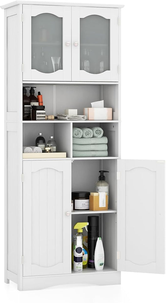 Armadietto Salvaspazio 60 x 30 x 148,5cm, Mobile Bagno con Scomparti Aperti, Scaffafli Regolabili e 2 Porte in Vetro Temprato, Armadio da Bagno per Ufficio, Soggiorno e Camera da Letto, Bianco