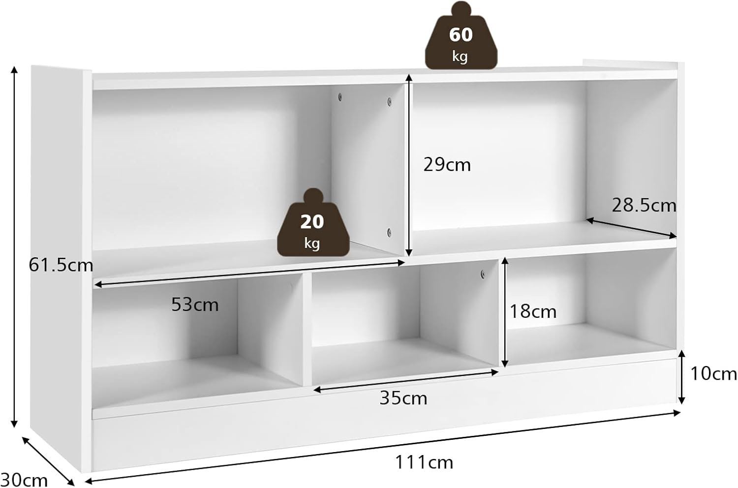 Libreria per Bambini e Organizer Giocattoli, Scaffale di Legno Con 5 Scompartimenti, Per Stanza dei Giochi Camera Dei Bambini Angolo di Lettura Classe Scuola Materna (Bianco)