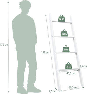 Scaffale di Stoccaggio in Legno di Pino, Porta Asciugamani a 4 Livelli per Bagno, Porta Salviette, Multiuso per Bagno Soggiorno (Bianco, 51 x 8 x 137 cm)