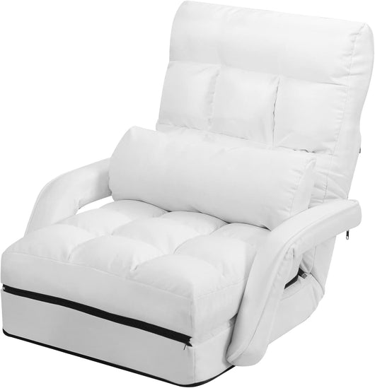 Poltrona Divano con 5 Livelli Regolabili, Sedia da Terra con Braccioli e Cuscino, Struttura in Acciaio, Multifunzione e Pieghevole per Soggiorno Camera da Letto, 55x66x71 cm (Bianco)