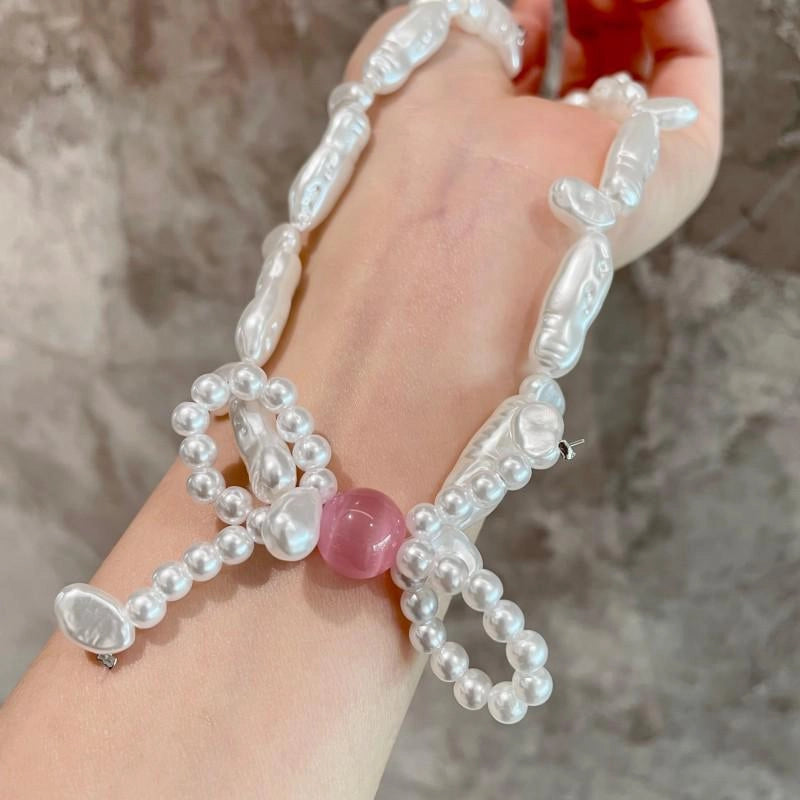 Collana con fiocco di perle rosa fatta a mano, regalo di Natale o di compleanno.