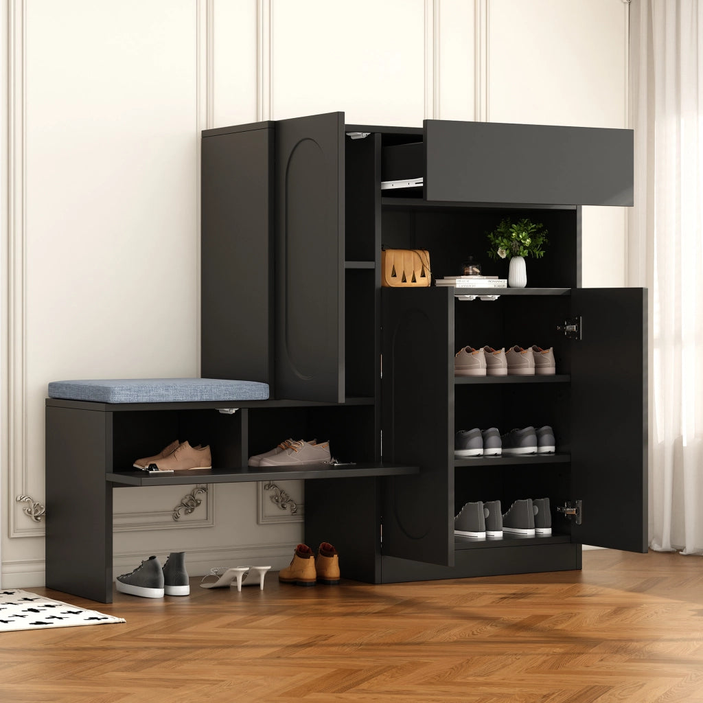 Scarpiera con 2 Ante a Ribalta e Panca Imbottita; Chiusura Ammortizzata; Ripiani Regolabili; in Truciolare; 130×35×110 cm; Nero